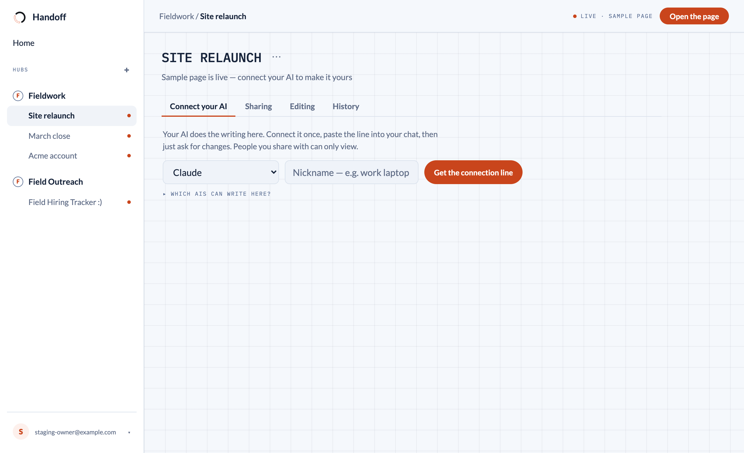The Handoff app: a project screen with tabs for connecting your AI, sharing, editing, and history